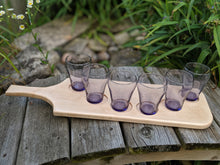  Maple beer flight with six purple beer glasses. Glasses arranged in an arc.